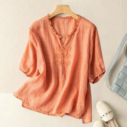 Embroidered Loose Fit V-Neck Short Sleeve T-Shirt