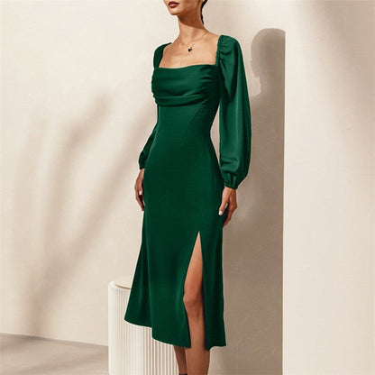 Solid Color Long Sleeve Square Neck High Waisted Side Slit Back Bandage Dress

Enhanced Version: "Square Neck Long