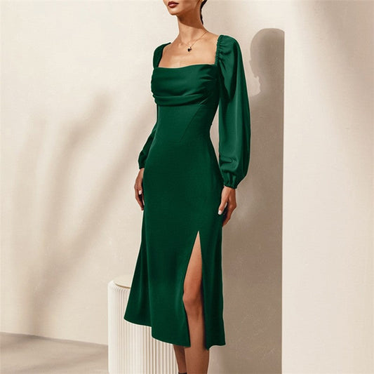 Solid Color Long Sleeve Square Neck High Waisted Side Slit Back Bandage Dress

Enhanced Version: "Square Neck Long