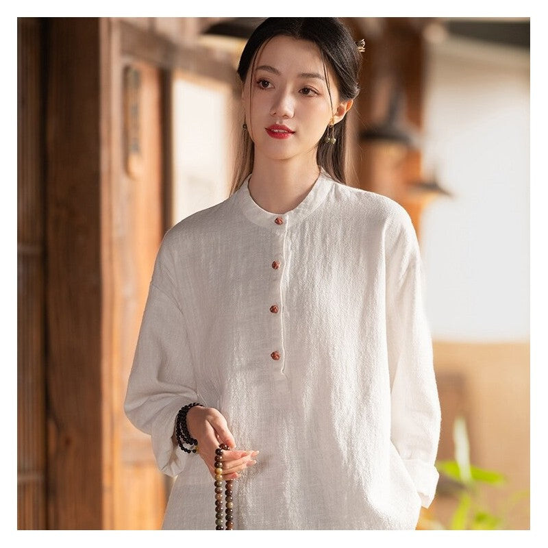 Solid Color Stand Collar Button-Up Long Sleeve Shirt