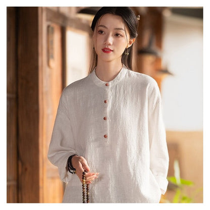 Solid Color Stand Collar Button-Up Long Sleeve Shirt