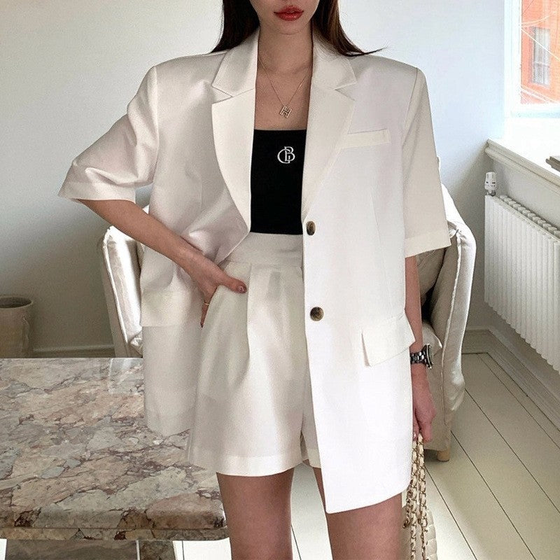 Single-Breasted Suit Shorts Set in Solid Color