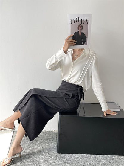 Long Sleeves Loose Pleated Split-Joint Lapel Blouses&Shirts Tops