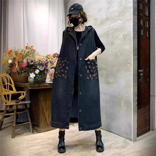 Loose Hooded Long Denim Vest With Printed Patterns