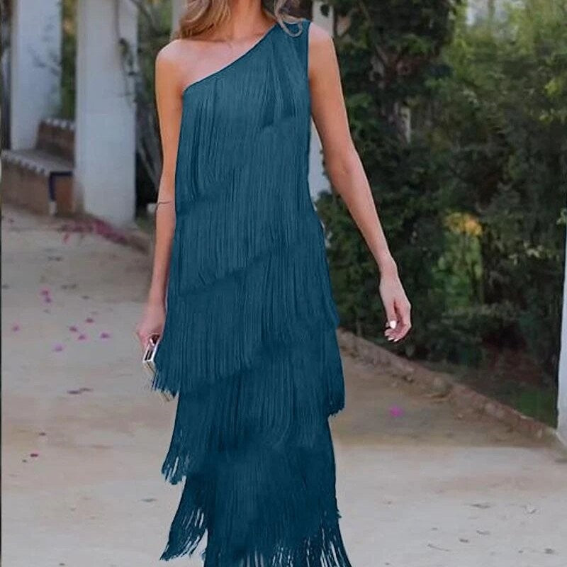 Fringe-Trimmed Asymmetric One-Shoulder Dress