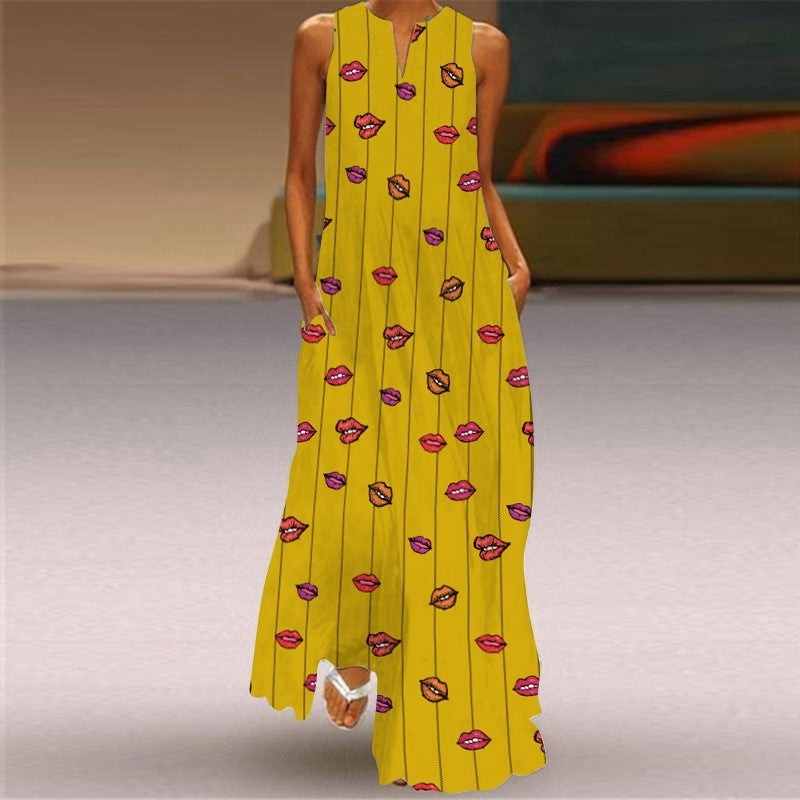 Sleeveless Printed V-Neck Casual Dress