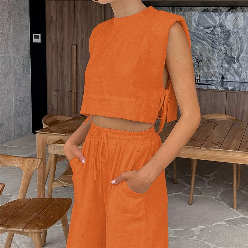 Cotton Linen Sleeveless Vest and Trousers Pajama Set for Women