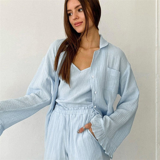 Solid Color Three-Piece Lounge Set: Spaghetti Strap Tank Top, Long Sleeve Lapel Blouse, and Pants