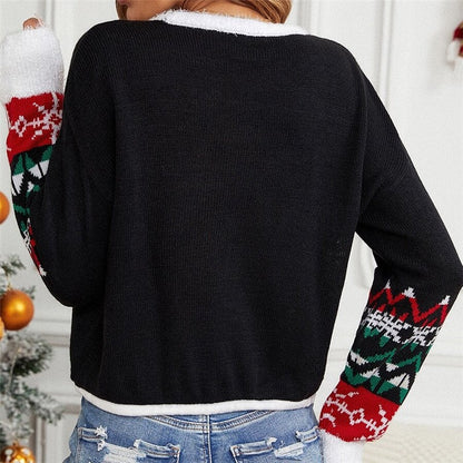 Sparkling Embroidered Cat Short Jacquard Christmas Sweater