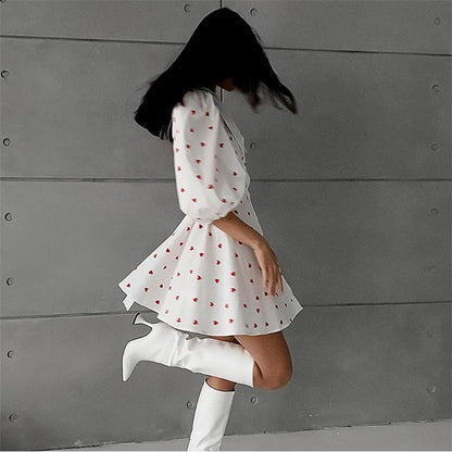 Printed Bubble Sleeve Dress with Cinched Waist, Lapel, and Minimalist Styling