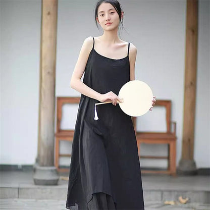 Hem Double-Layer Solid Color Sling Dress with Irregular Design