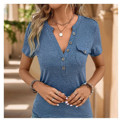 Cozy V-Neck Casual T-Shirt with Buttoned Pocket