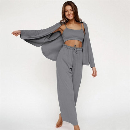 Three-Piece Cozy Home Ensemble - Tank Top, Lounge Pants, Long Robe