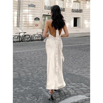 Halterneck Backless Slit Long Party Dress in Solid Color
