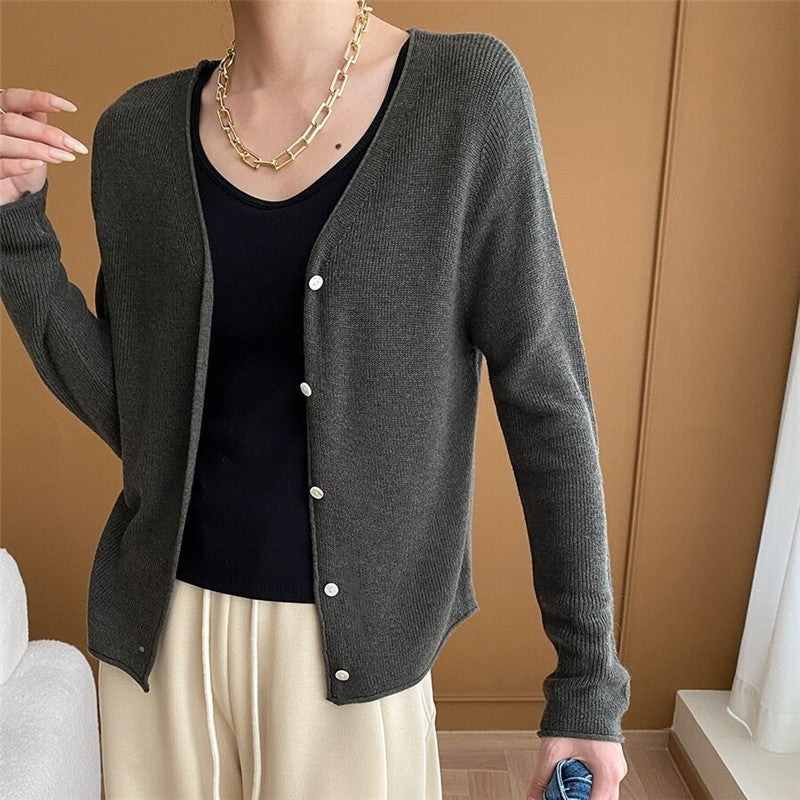 Solid Color V-Neck Ribbed Knit Cardigan