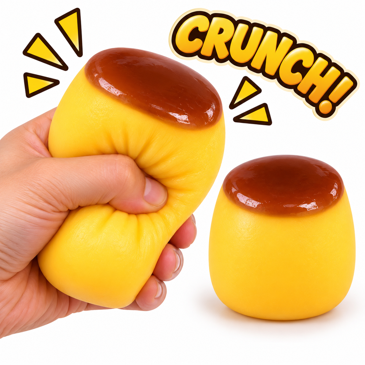 Crunchy Squishies Pudding Cup Squeeze Toy 2-Pack – Crispy Crunch Sound Soft Stretchy Stress Balls | ASMR Sensory Fidget Toys for Adults & Kids | Realistic Caramel Flan Squishies