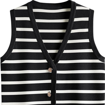Chic Striped Sleeveless Button-Up Cardigan
