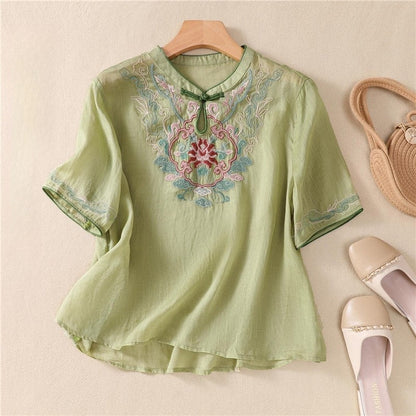 Embroidered Buttonholes Loose Fit Short Sleeve Shirt