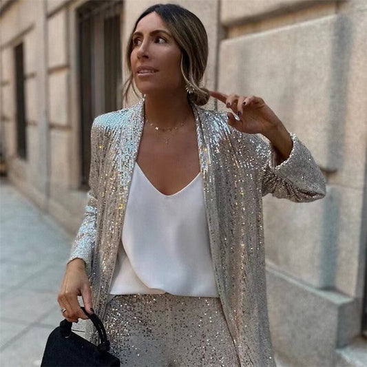 Chic Sequin-Embellished Versatile Suit Jacket