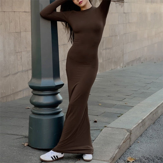 Solid Color Long Sleeve Knitted Bodycon Maxi Dress with Crewneck