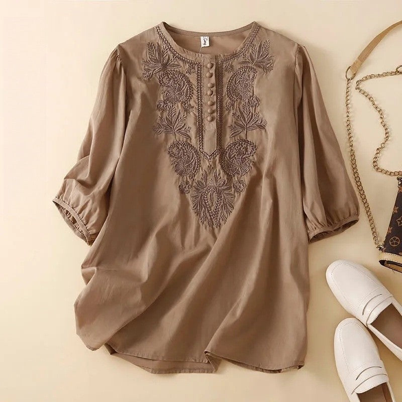 Embroidered Cotton Linen Loose Fit Round Neck Top