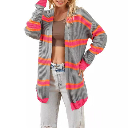Knitted Color Block Striped Long Cardigan