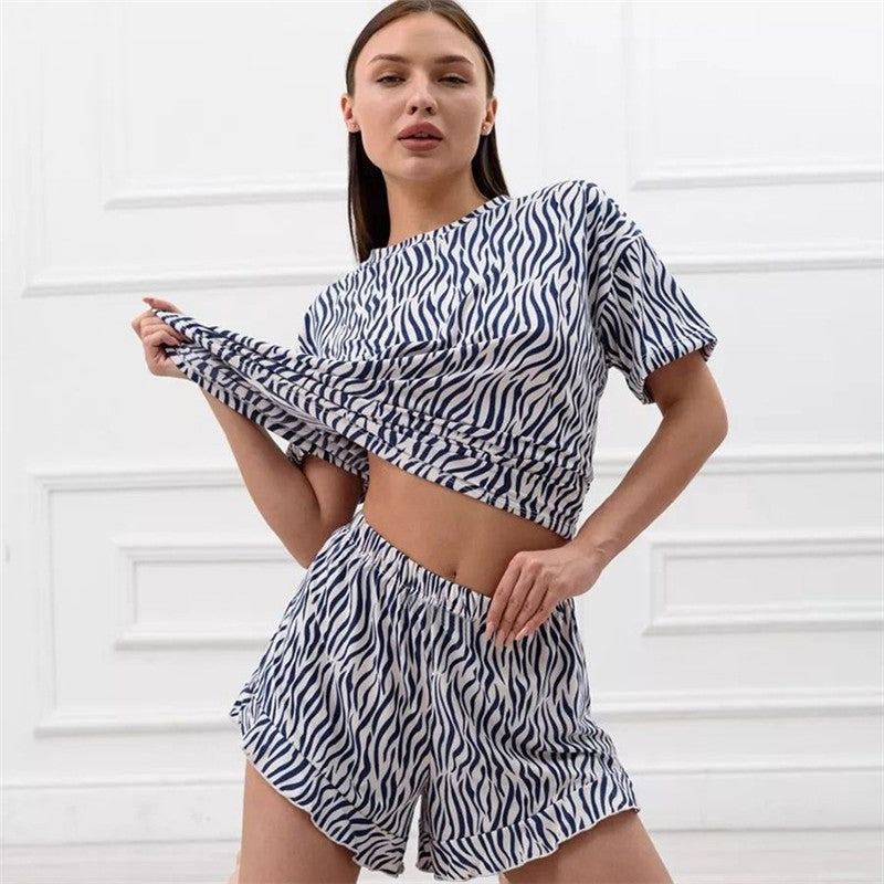 Leaf Print Hem Short Sleeve Pajama Set