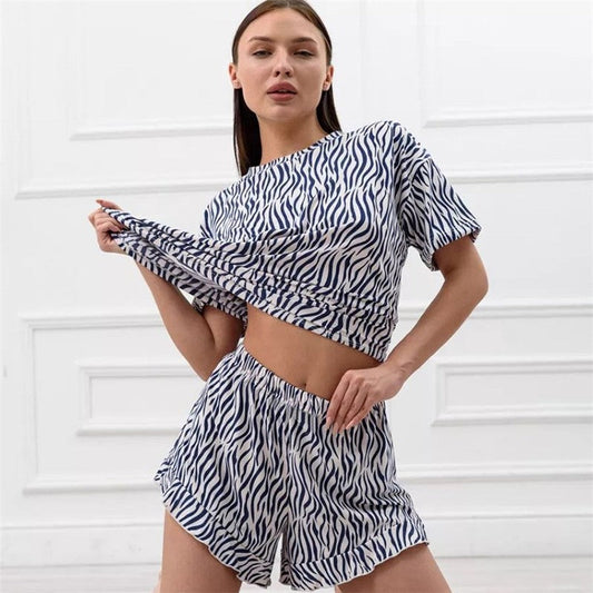 Leaf Print Hem Short Sleeve Pajama Set