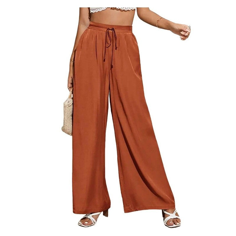 Elevated Solid Color High-Waisted Tie-Up Wide-Leg Trousers