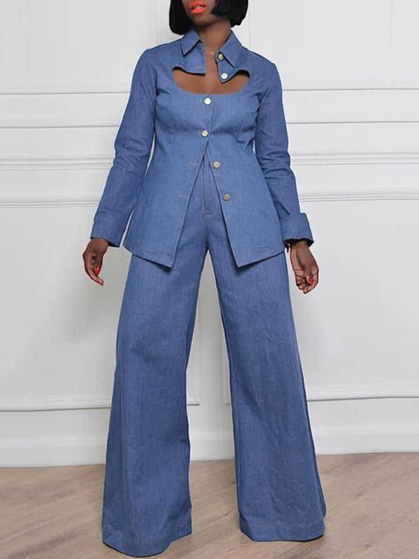 High Waisted Loose Pockets Solid Color Lapel Jean Pants Bottoms