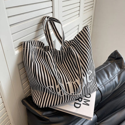 Striped Letter Canvas Tote Bag with Large Capacity