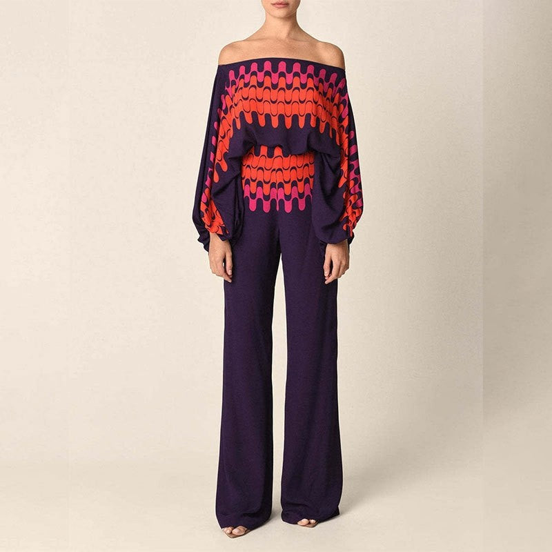 Printed Batwing Sleeve Top with Wide Leg Pants Set