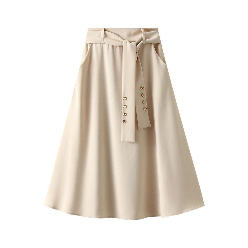 High-Waisted A-Line Skirt with Waist Tie in Solid Color