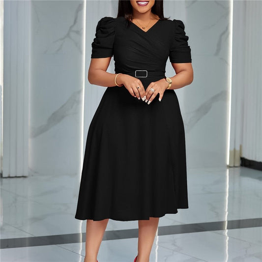 Ruched V-Neck Swing Dress in Solid Color