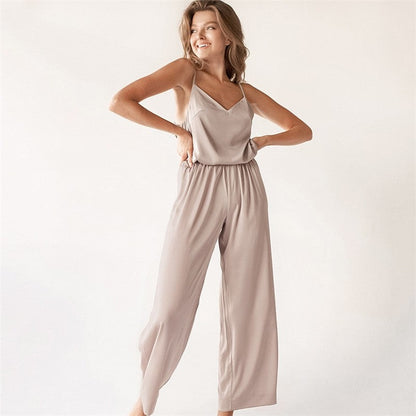 Satin Sleeveless Tank Top and Pants Set - Solid Color Loungewear