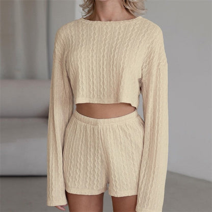 Solid Color Knit Crewneck Long Sleeve Crop Top and Shorts Set - Loungewear