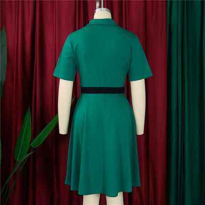 High-Waisted Short Sleeve Solid Color Dress