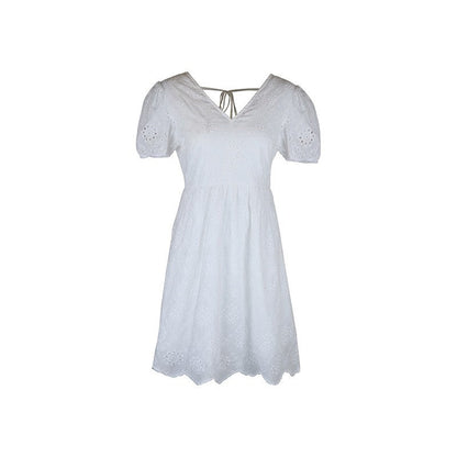 Stylish V-Neck Bubble Sleeve White Dress