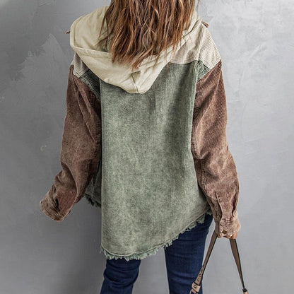 Loose Fit Color Block Hooded Corduroy Jacket