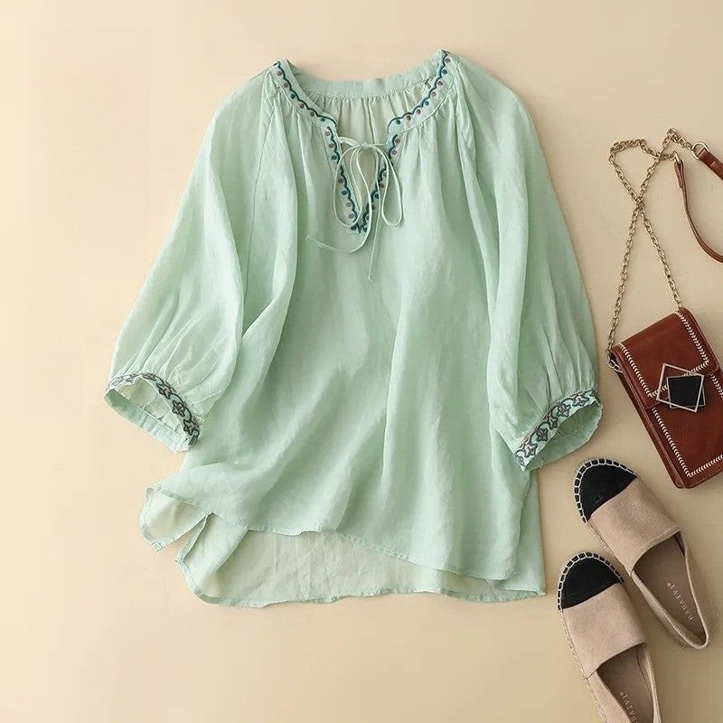Embroidered Linen V-Neck Tie-Waist Seven-Sleeve T-Shirt
