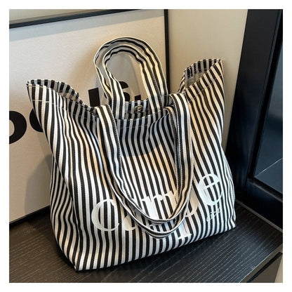Striped Letter Canvas Tote Bag with Large Capacity