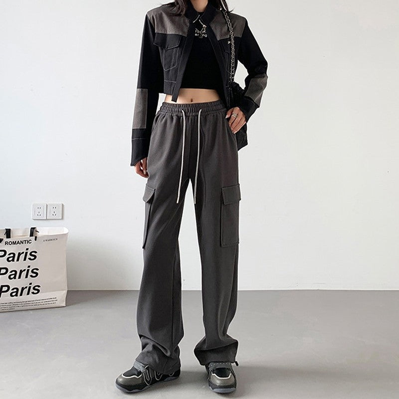 Casual Loose Fit Solid Color Cargo Pants with Elastic Waistband