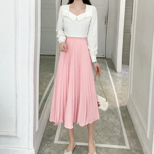 Solid Color Elastic Waist A-Line Pleated Skirts