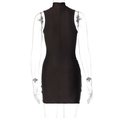 Solid Color Zippered Stand Collar Bodycon Skirt with Pleats