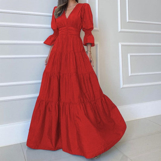 Chic Solid V-Neck Long Sleeve Midi Dress