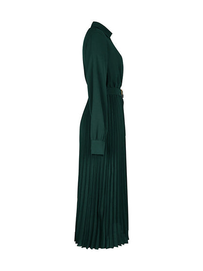 A-Line Long Sleeves Belted Buttoned Pleated Lapel Midi Dresses