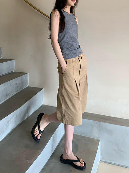 High Waisted Loose Pleated Solid Color Half Pants Shorts Bottoms