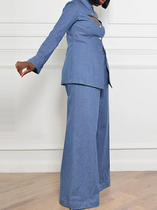 High-Waisted Loose Fit Jeans with Pockets and Lapel - Solid Color