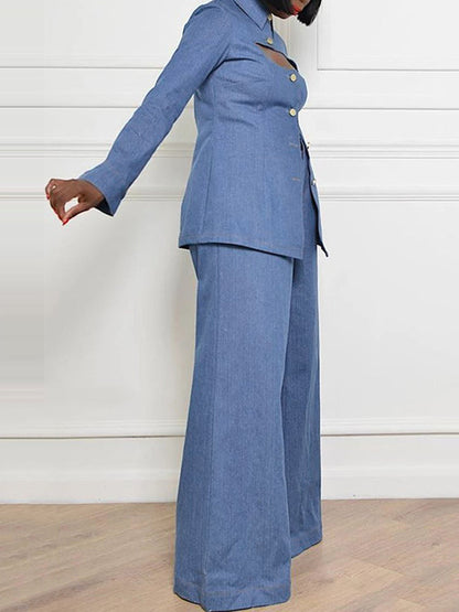 High-Waisted Loose Fit Jeans with Pockets and Lapel - Solid Color