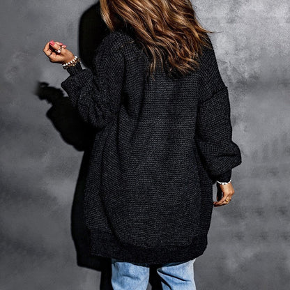 Oversized Solid Color Long Knit Sweater With Fleece Lining